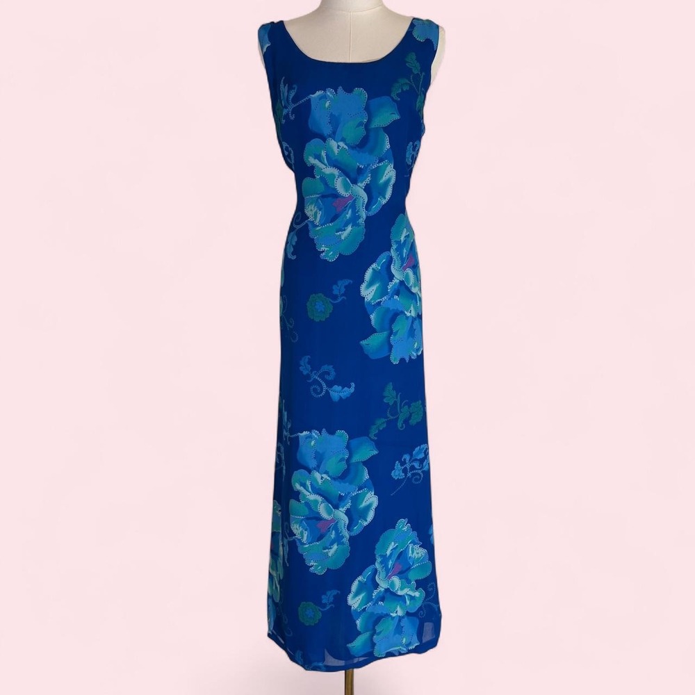 Vintage Gabrielle Blue Floral Maxi Dress w Tie Waist Size Medium